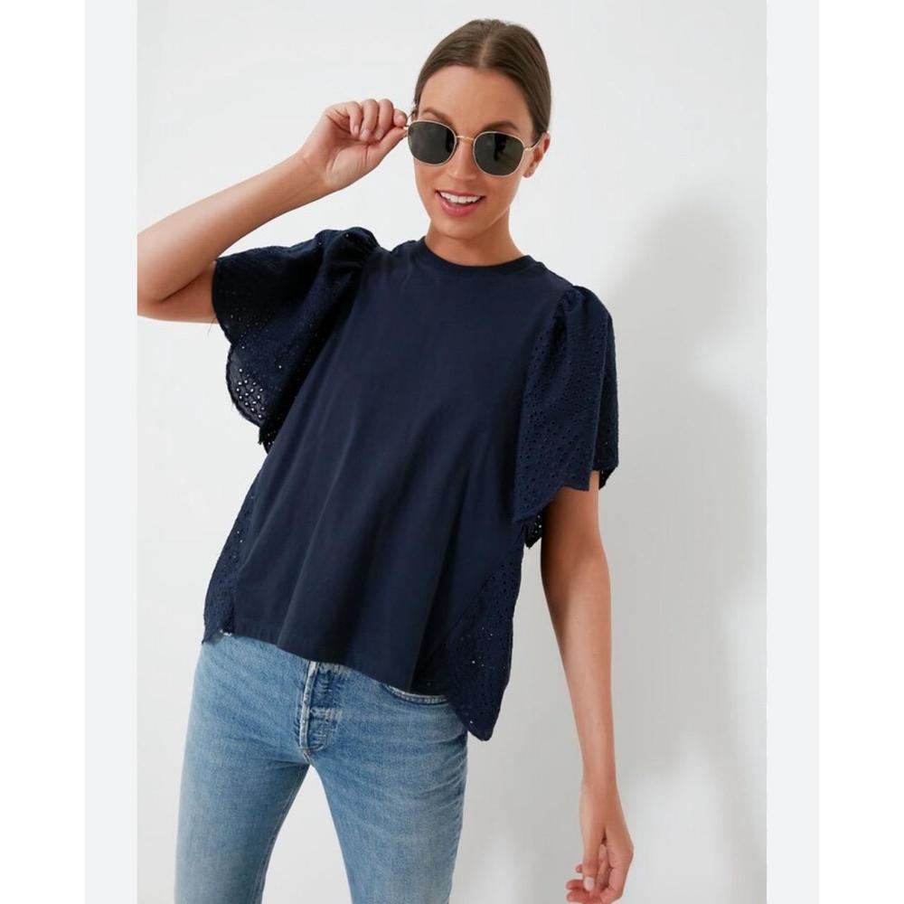 Pomander Place Tuckernuck Eyelet Emi Tee Black Lace Puff Sleeve Top Polished XS